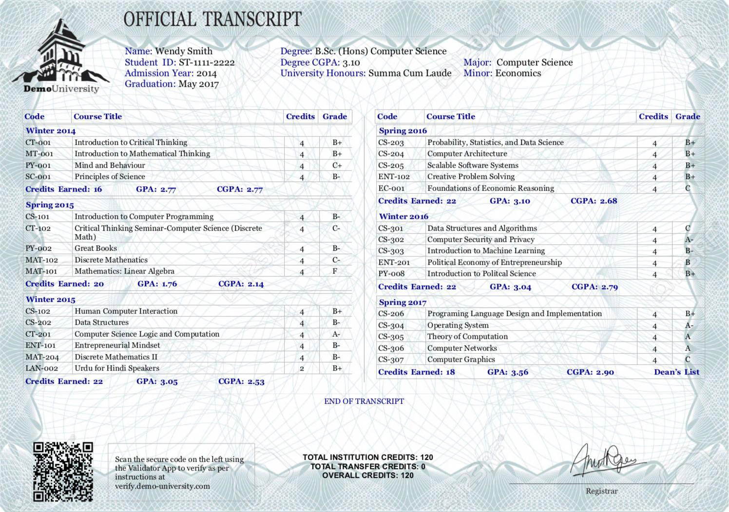 University transcript with QR Code