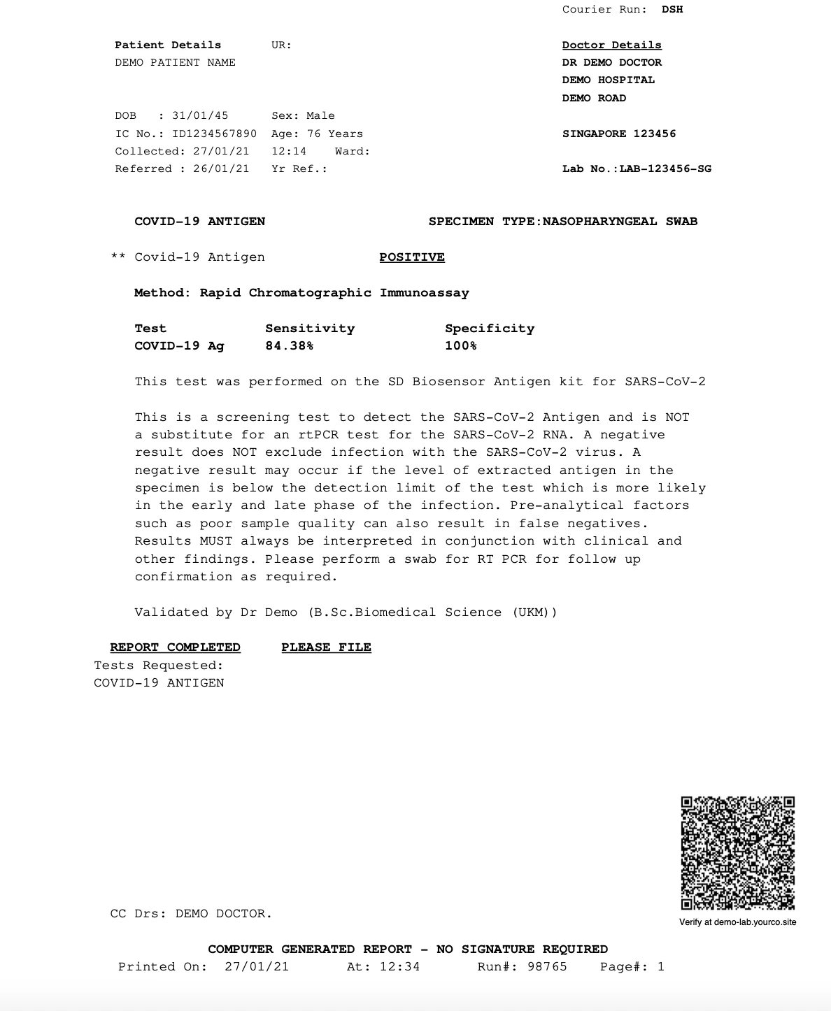 Sample Lab report with secure QR code