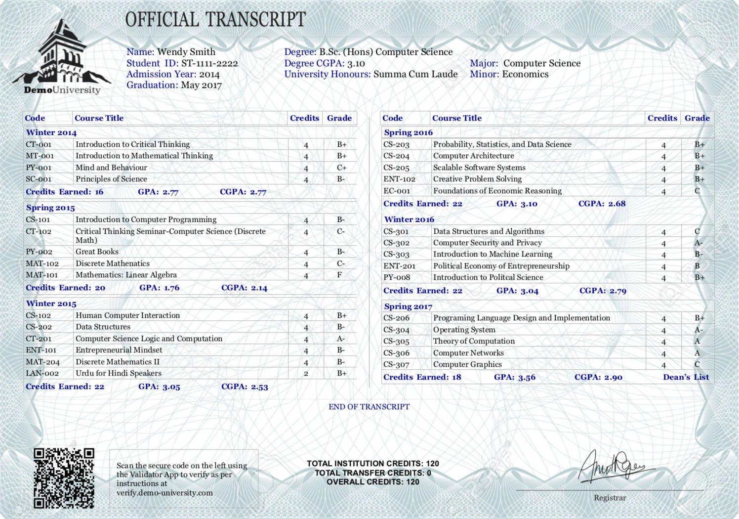 Sample University transcript with secure QR code